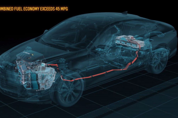 This screen capture animation provides an under-the-skin look at hybrid components in the 2016 Chevrolet Malibu Hybrid, which will get a General Motors-estimated 48 mpg in city driving © General Motors