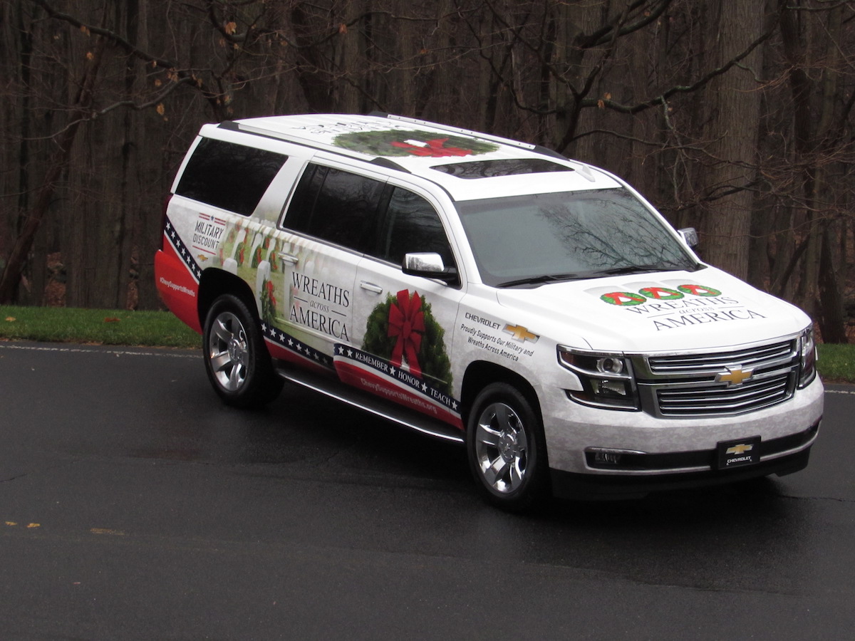 Decorated Chevrolet vehicles will lead the Wreaths Across America journey from Maine to Arlington National Cemetery in Washington, D.C. Pictured here: 2016 Chevrolet Silverado 1500 Crew Cab. © General Motors Company