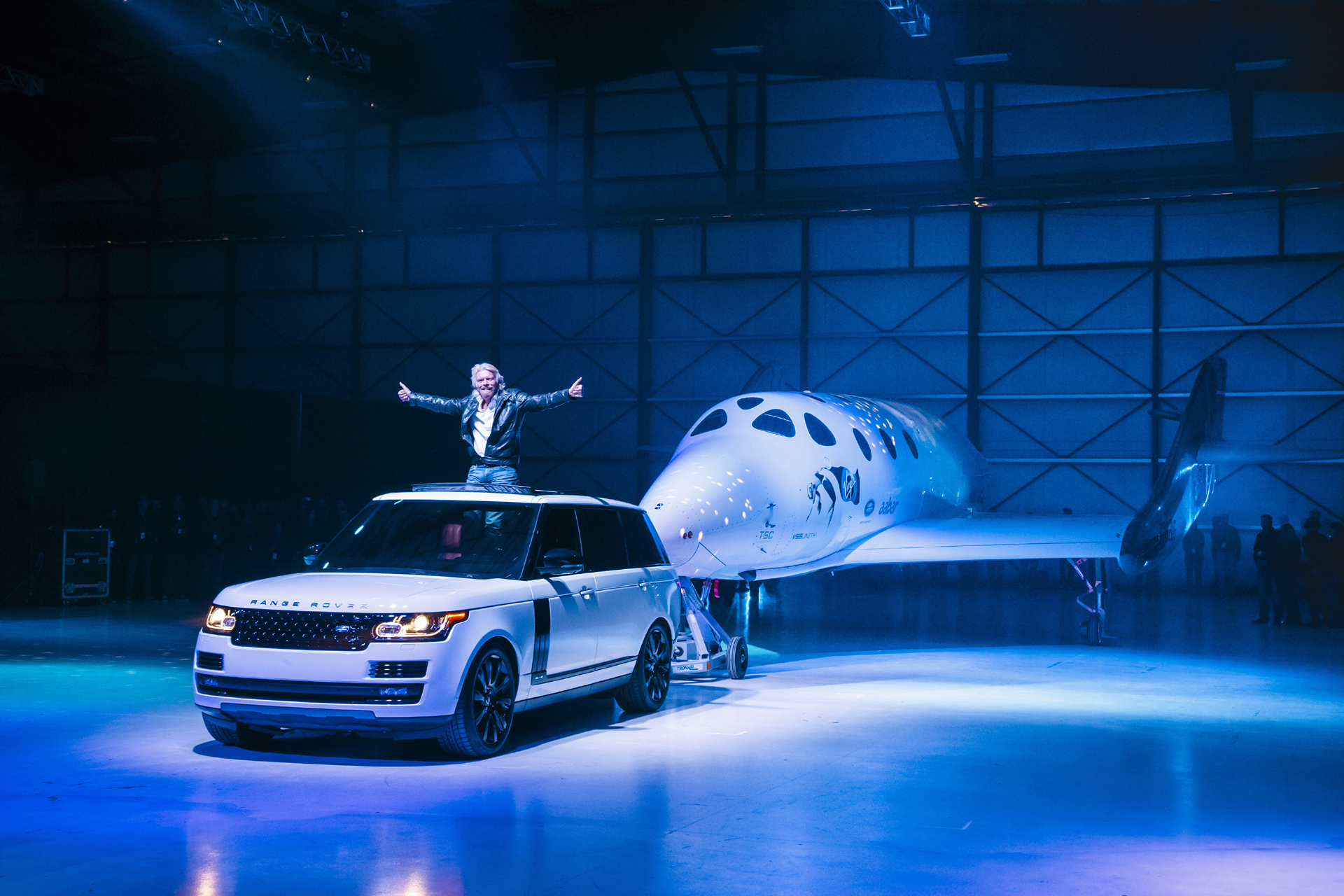 The Range Rover Autobiography towing in VSS Unity, at a special reveal and naming ceremony at Virgin Galactic's Mojave Air and Space Port base in California © Tata Group